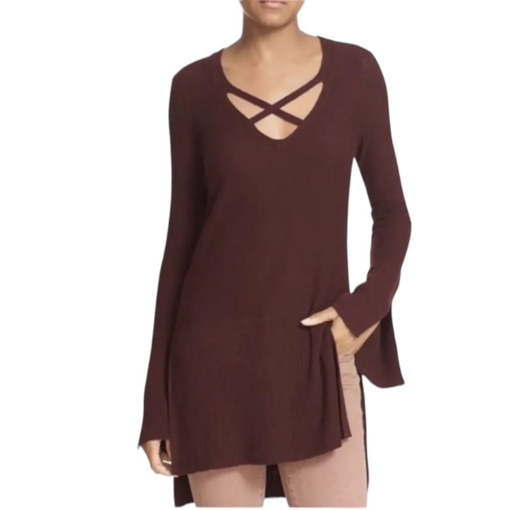 FREE PEOPLE “Crisscross Knitted V-neck Sweater” in Rich Mocha/Burgundy Size XS